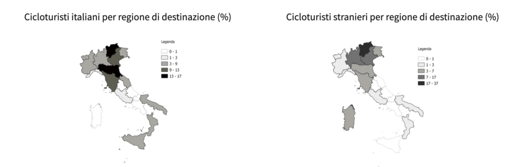 Cicloturisti italiani e stranieri per regioni di destinazione