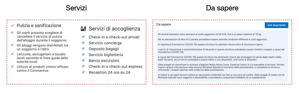 Sezione servizi all'interno della scheda hotel di booking .com